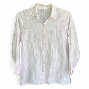 J. JILL Love Linen Button Down Shirt Office Coastal Travel Pink Striped M Petite